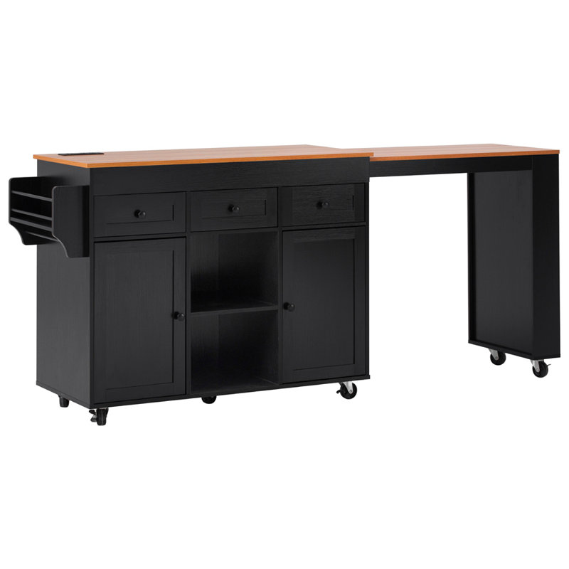 85.5" Kitchen Island with Extendable Dining Table, Kitchen Storage Table with 3 Side Open Shelves, Rolling Kitchen Island with Power Outlet, 3 Drawers, 2 Doors, for Kitchen, Dining Room