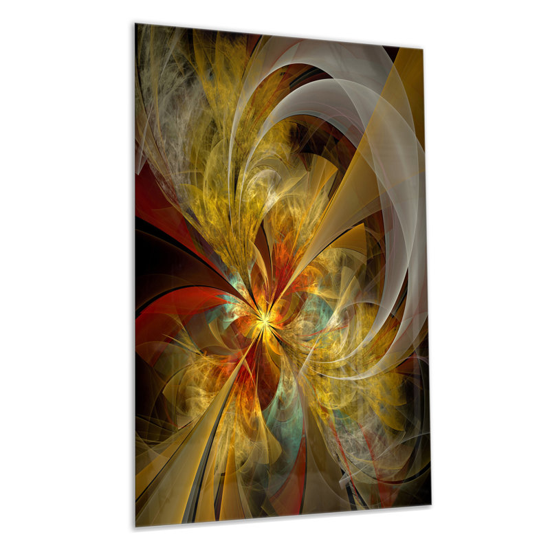 Motif de fleurs symétriques jaune vif - art moderne sur métal, H 28 po x l 12 po x P 2 po