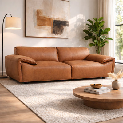 Philadelphia Modern Real Leather Sofa with Plush Pillow-Top Arms and Easy Care