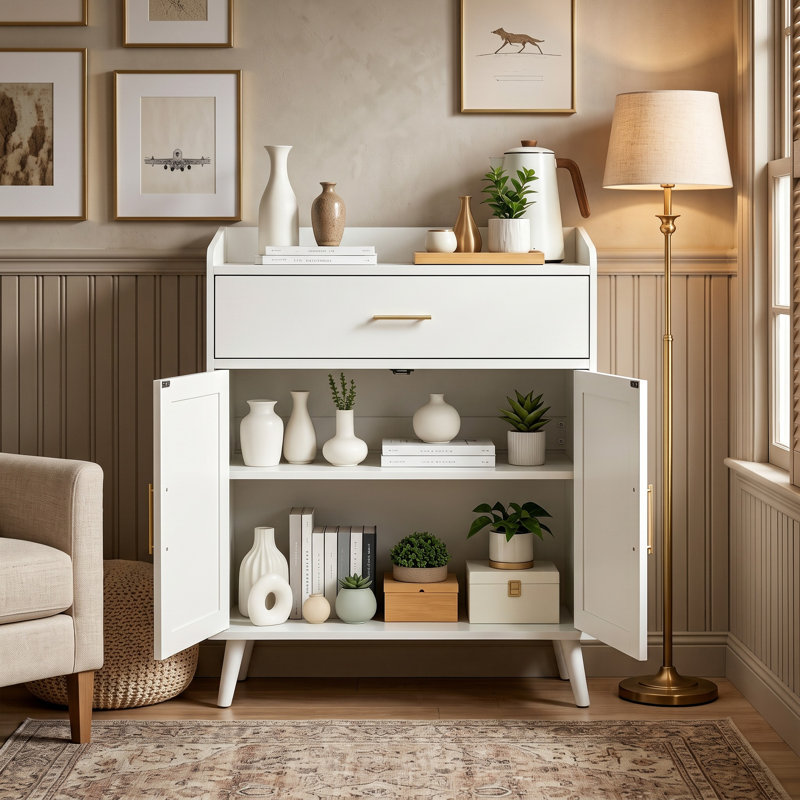 Armoire de cuisine de style campagnard avec tiroirs et portes - Buffet blanc pour salle à manger, salon ou salle de bain