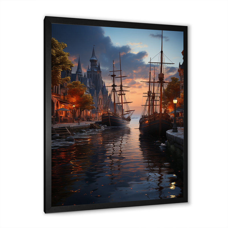 Helden, Allemagne, vue sur le port, H 32 po x l 16 po x P 1 po, Cadre photo noir