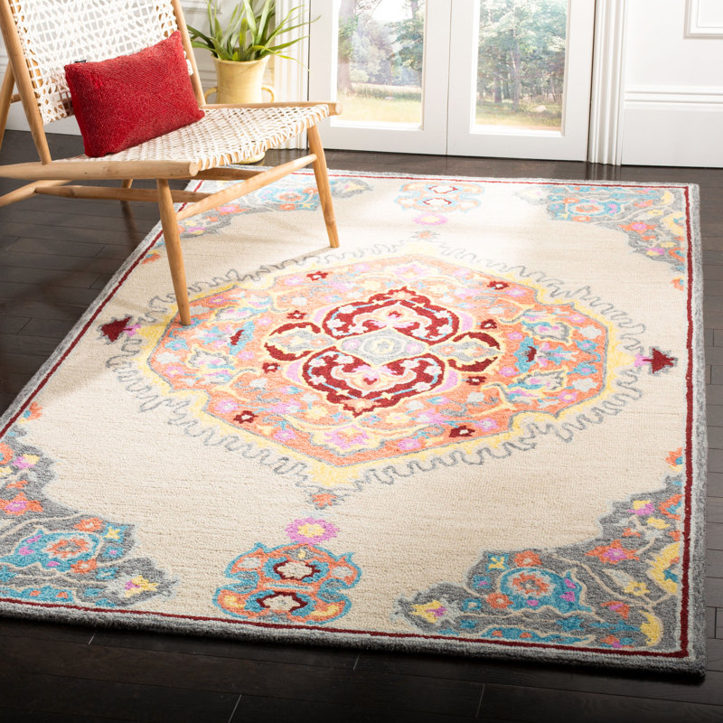 Loar Hand Tufted Wool/Cotton Oriental Rug in Beige/Orange, Rectangle 8' x 10'