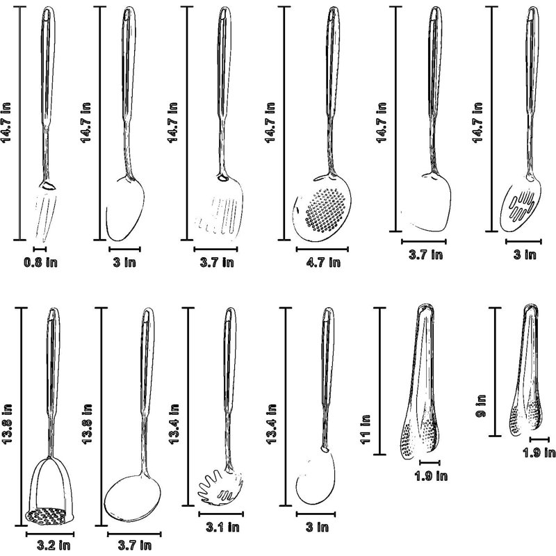 Ensemble d'ustensiles de cuisine professionnel en acier inoxydable 12 pièces 12 pièces, outils de cuisson en métal 18/10 robustes avec poignées ergonomiques pour les chefs et les restaurants