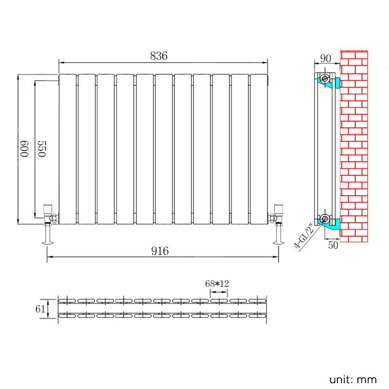 Kootenai Horizontal Designer Radiator, Black, 600mm H x 836mm W x 61mm D
