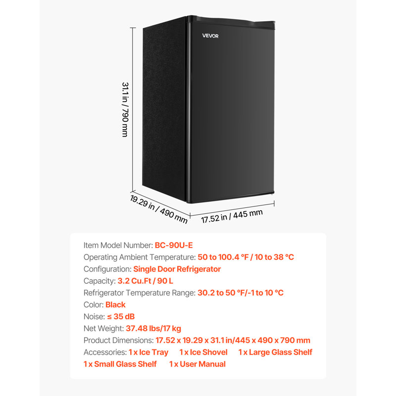 Mini réfrigérateur compact à une porte pour petit réfrigérateur de 3,2 pi cu Noir, Noir