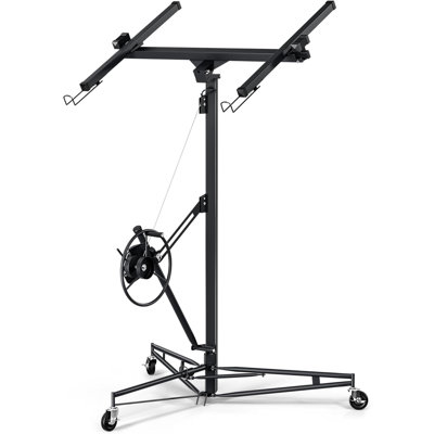Heavy Duty 11FT Drywall Lift Panel Hoist – 150 lbs Capacity, 360° Adjustable Telescopic Arm, 3 Lockable Wheels, Sheetrock Rolling Lifter for Ceiling Installation – Black