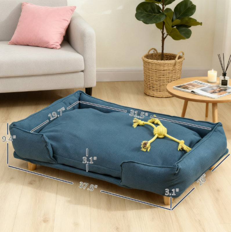 Canapé surélevé pour animaux de compagnie avec coussin confortable, pieds en bois de pin, bleu foncé