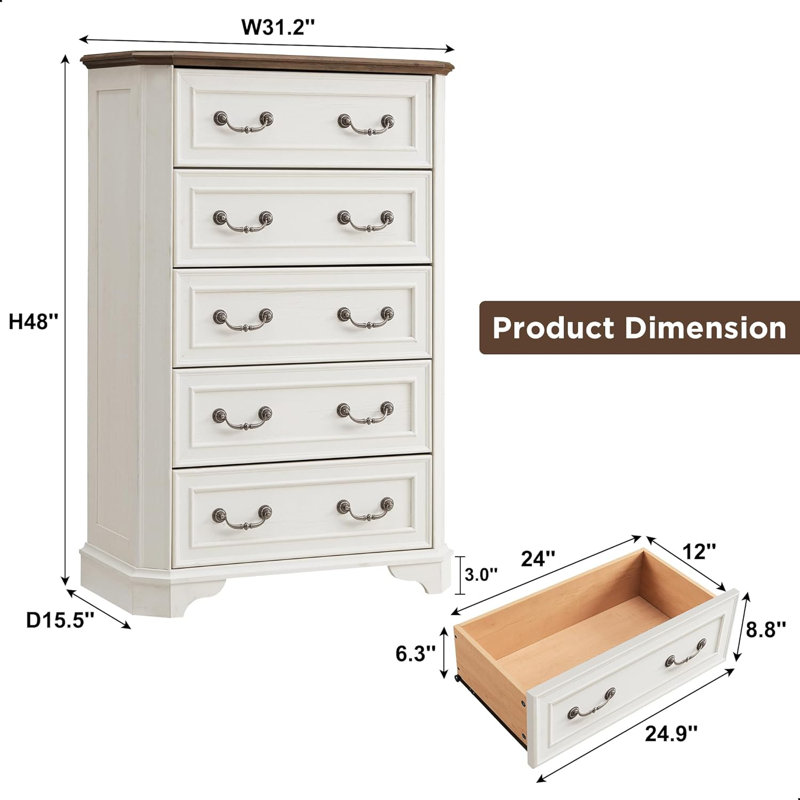 Commode de chambre à coucher à 5 tiroirs Theron Farmhouse, commode haute en bois, rangement pour garde-robe de chambre à coucher
