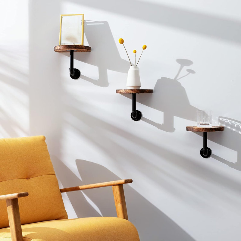 Industrial Pipe Shelf Set - 3 Small Rounded Wood Shelves With Shelf Brackets - 7.9" X 5.9" Wall-Mounted Wooden Shelving, Burnt Brown