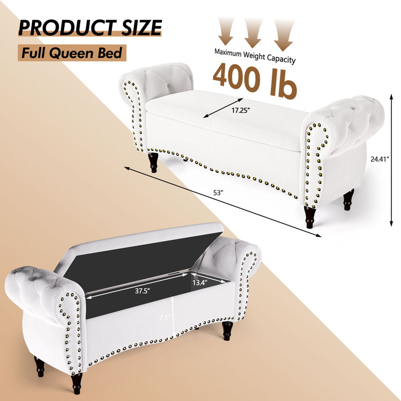 53" Length Upholstered Bench & Ottoman, Pure-White