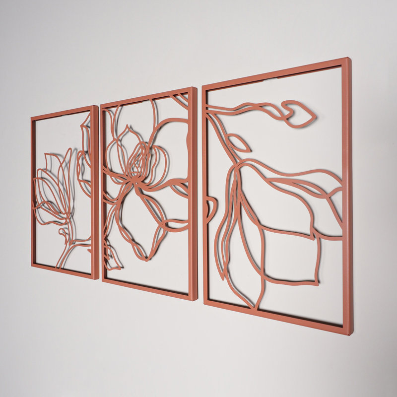 Abstract Red Metal Floral Wall Art Set of 3 Panels
