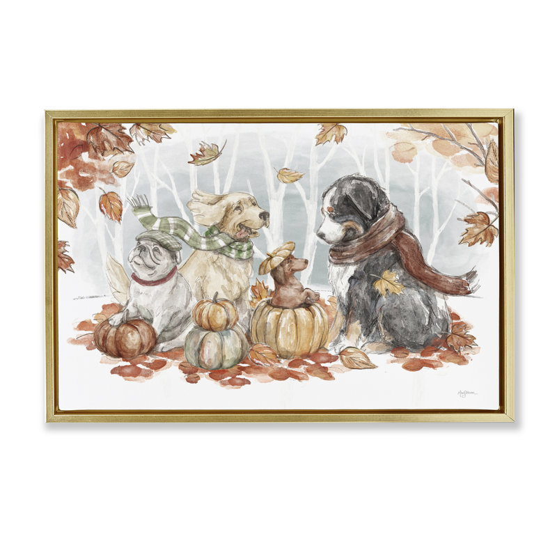 «Autumn Fun Dogs» par Mary Urban, Cadre flottant métallique doré, H 21 po x l 31 po