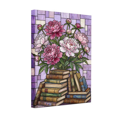 Plantes et fleurs, vitrail, pivoines et livres