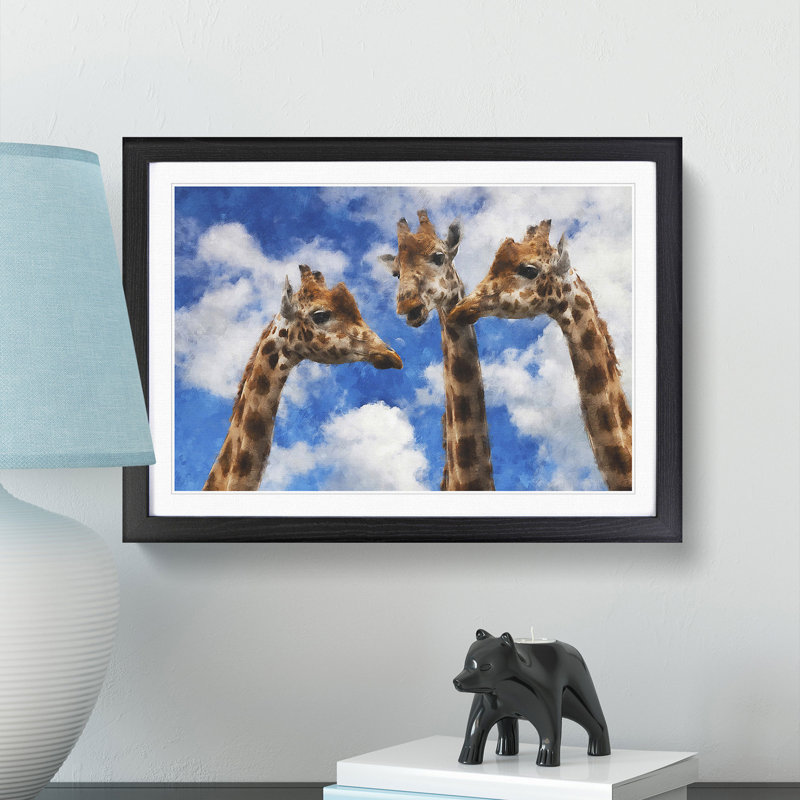 Three Giraffes - Single Picture Frame Painting on MDF, 24cm H x 33cm W x 2cm D, Black