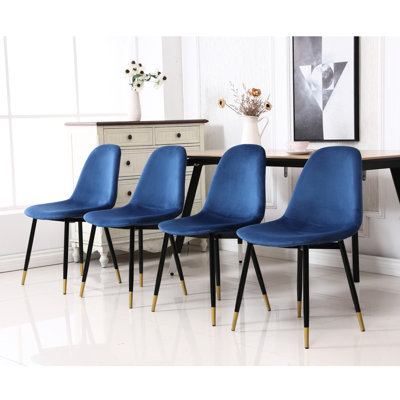 Ensemble de 4 chaises de salle à manger en tissu bleu - Style milieu du siècle, rembourrage en mousse haute densité, velours, pieds en métal finition dorée, 43,5 cm (l) x 58 cm (p) x 87 cm (h), assise épaisse bleue moderne, accentuation.