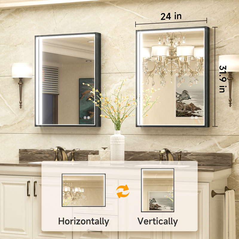 LED Metal Framed Anti-Fog Function 3 Color Adjustment Bathroom Mirror, 32" x 24"