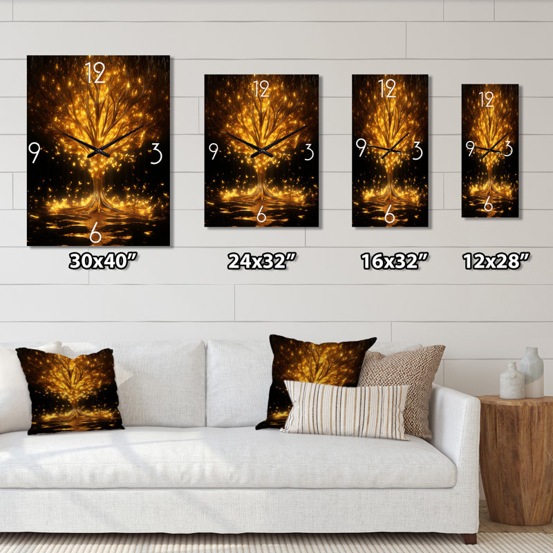 Golden Tree Of Bliss - Très grandes horloges murales géométriques modernes, H 32 po x l 16 po x P 1 po