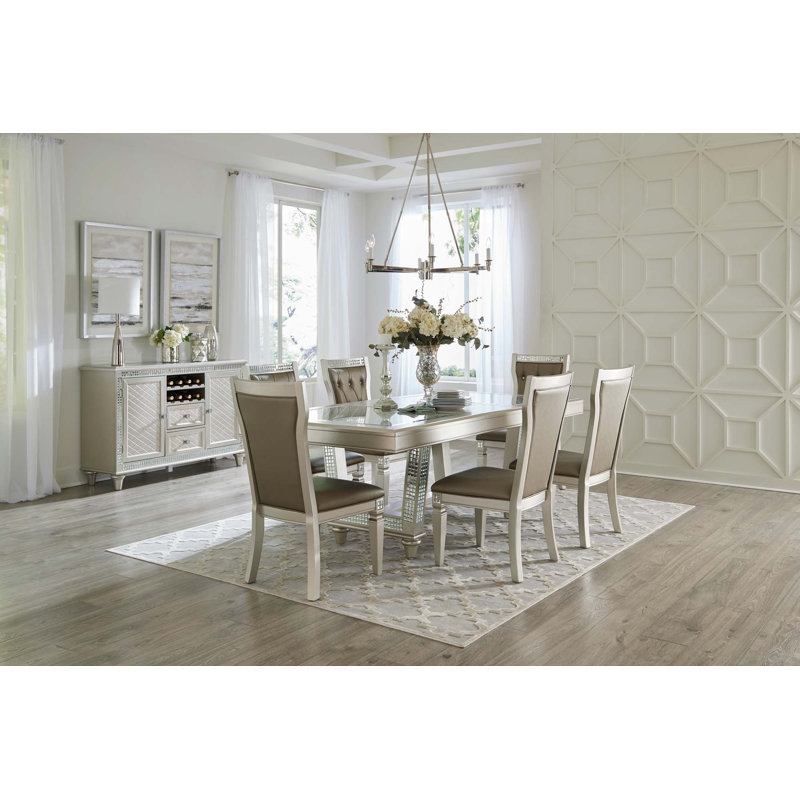 Ensemble repas 7 pièces avec plateau à finition champagne et plateau en verre, 7 pièces : table, 6 chaises