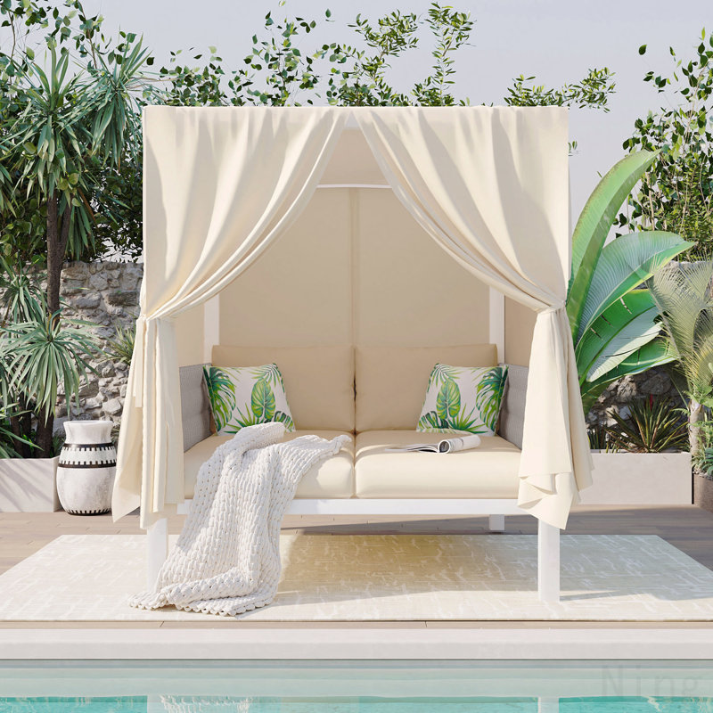 Outdoor Patio Sunbed With Curtains, High Comfort, Suitable For Multiple Scenarios, Beige