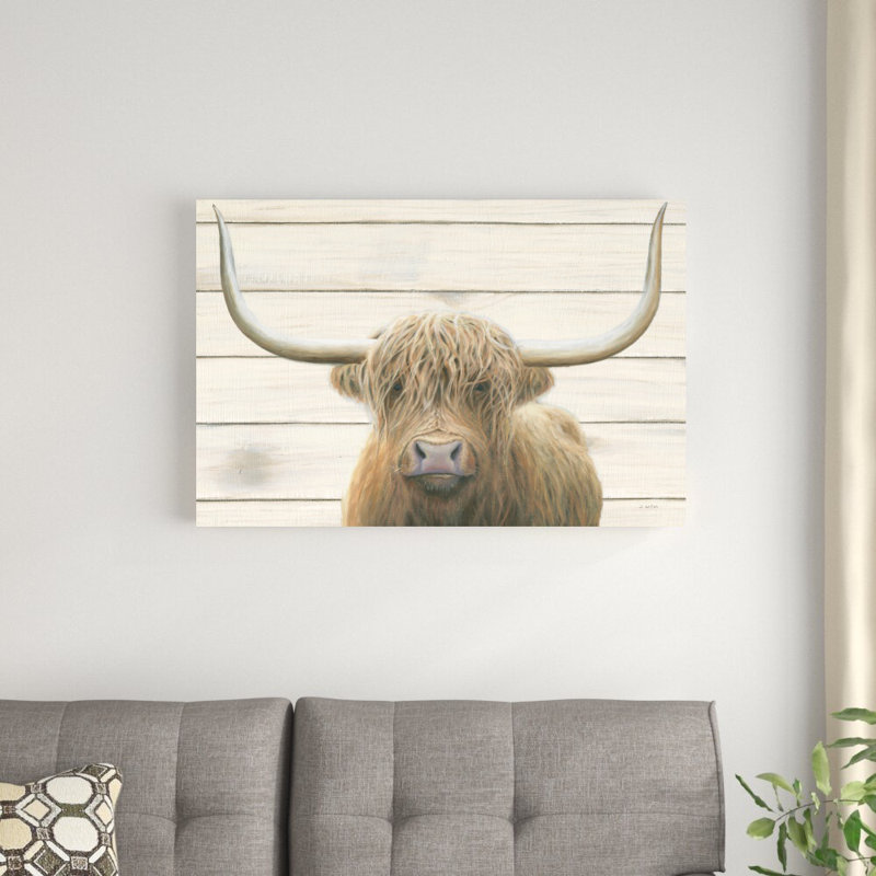 «Highland Cow Shiplap V2» par James Wiens, reproduction d'art sur toile tendue, H 24 po x l 36 po