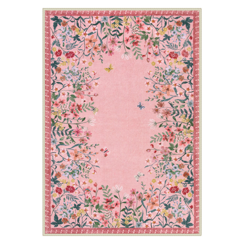     Floral Vintage Washable Pink 5X7 Area Rug with Non Slip Backing - Low Pile Durable Carpet for Living Room, Bedroom, Dining Room or Office Decor