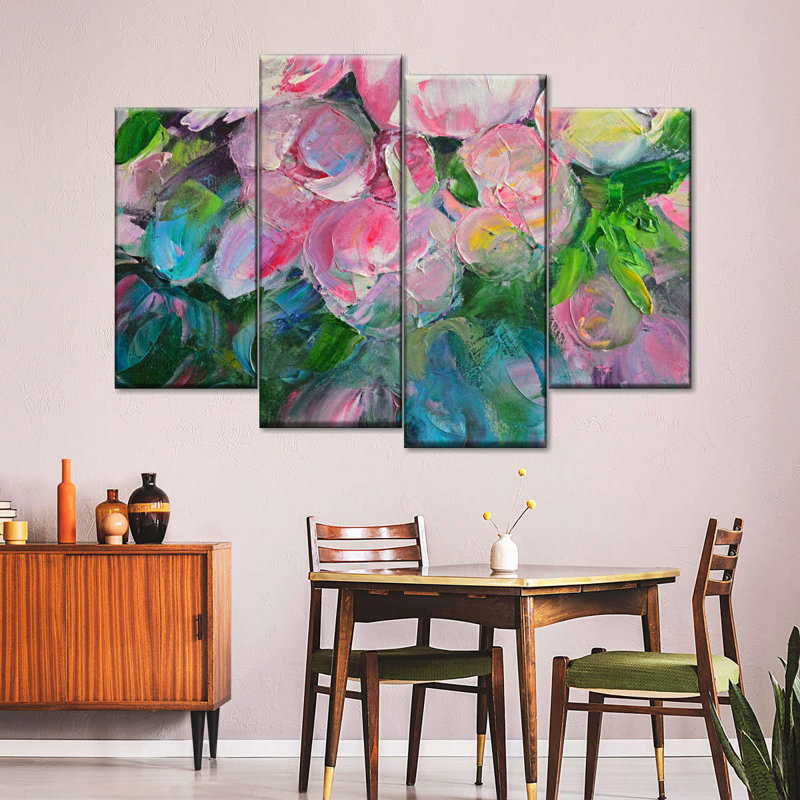 Ensemble de 4 pivoines abstraites sur toile, H 22 po x l 36 po x P 1 po