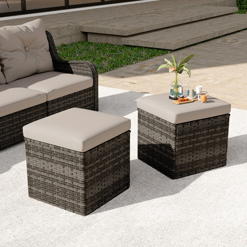 Repose-pieds de patio extérieur en osier PE Bellamy Stylish, Kaki, Gris