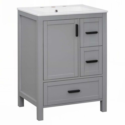 Meuble-lavabo de salle de bain avec lavabo en céramique, 3 tiroirs et 1 porte, rangement polyvalent