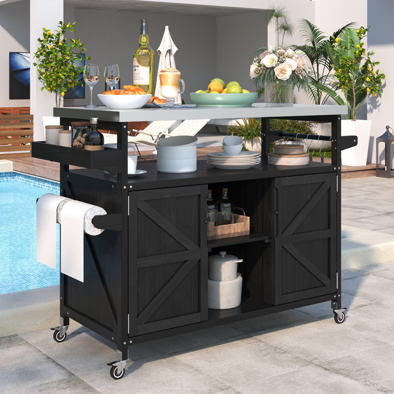 Îlot de cuisine extérieur, chariot à roulettes et armoire de rangement, table de barbecue d'extérieur en bois massif avec plateau en acier inoxydable, support à épices, porte-serviettes pour la cuisine et le barbecue