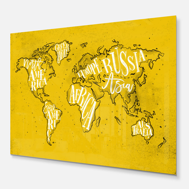 Carte du monde-impression d’art graphique, H 30 po x l 40 po x 1,5 po, Métal