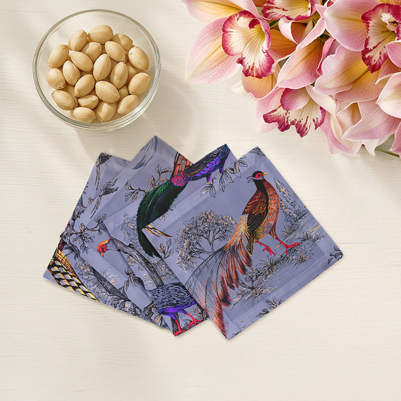 Pheasant Fall Sauvage Cotton Sateen Cocktail Napkins, Silver