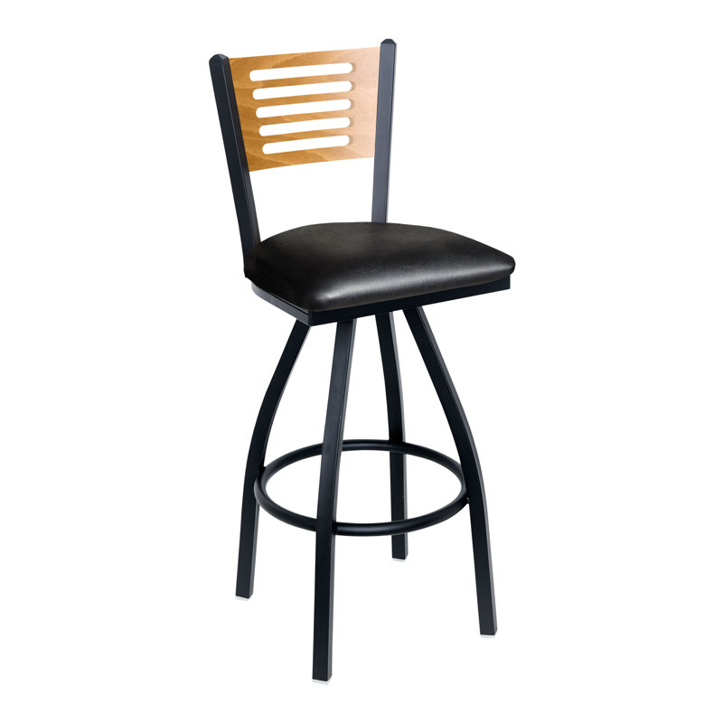 Espy Slotted Wood Back Swivel Barstool - Light Cherry Back - Quick Ship Black Vinyl Seat - Steel Frame - Sand Black Finish
