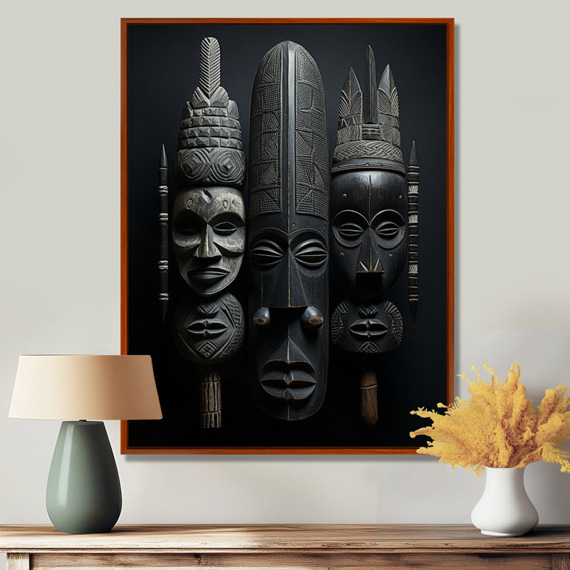 Masque africain sur toile Laesha, H 32 po x l 24 po x P 1 po, Cadre flottant brun