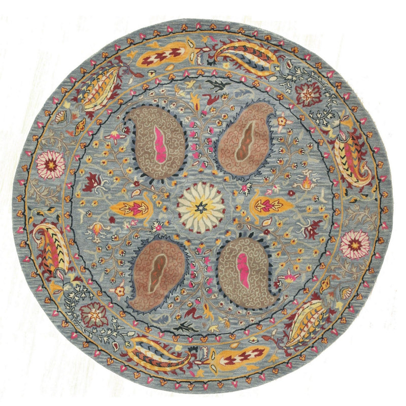 Hand Tufted Wool Floral Area Rug in Blue, 9' x 12'