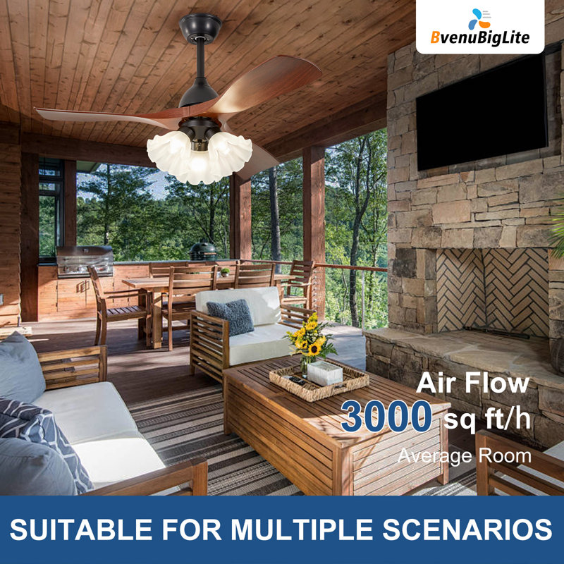 Ventilateur de plafond moderne 42 po 3 pales en noyer avec lumière 3 * E26 (sans ampoule), abat-jour floral, télécommande, 6 vitesses, flux d'air réversible, réglable en hauteur pour le salon de la chambre à coucher