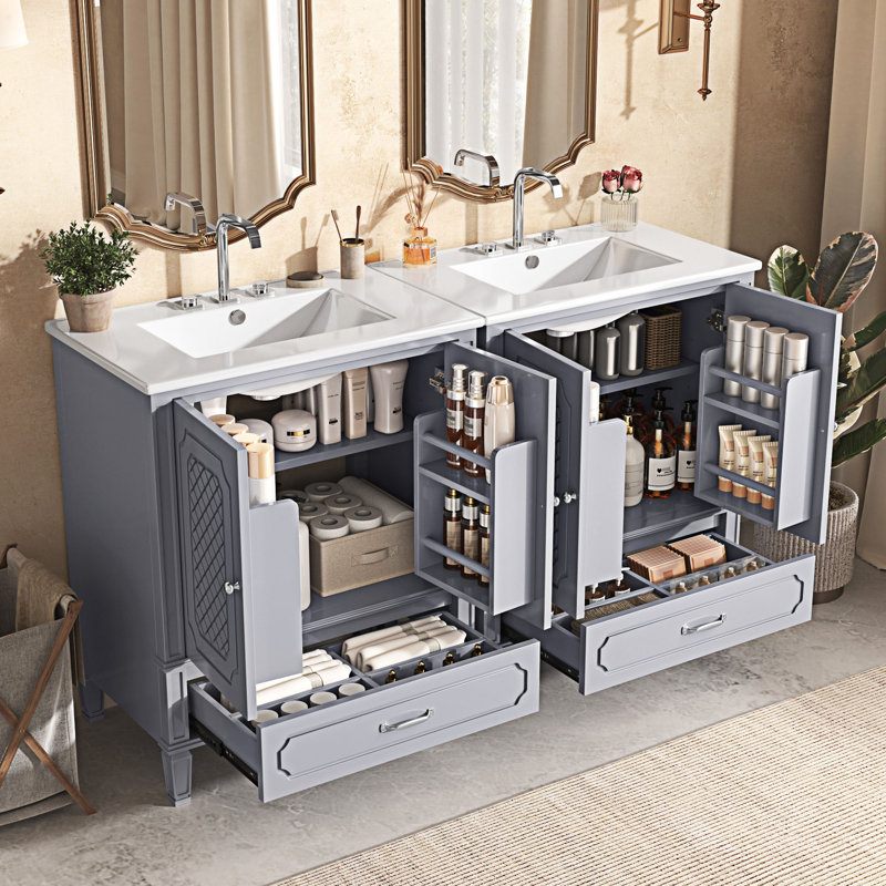 Ensemble de meuble-lavabo avec lavabo double, Gris, Argent argent