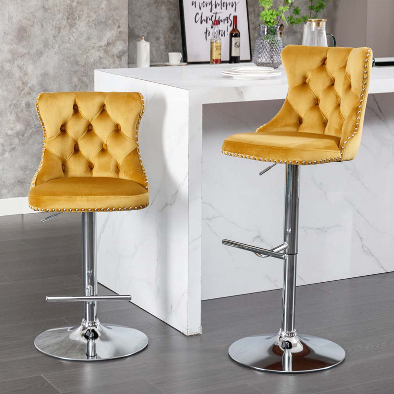 Swivel Velvet Barstools Adjusatble Seat Height From, Chrome Base Bar Stools With Backs Comfortable Tufted For Home Pub And Kitchen Island, Set Of 2