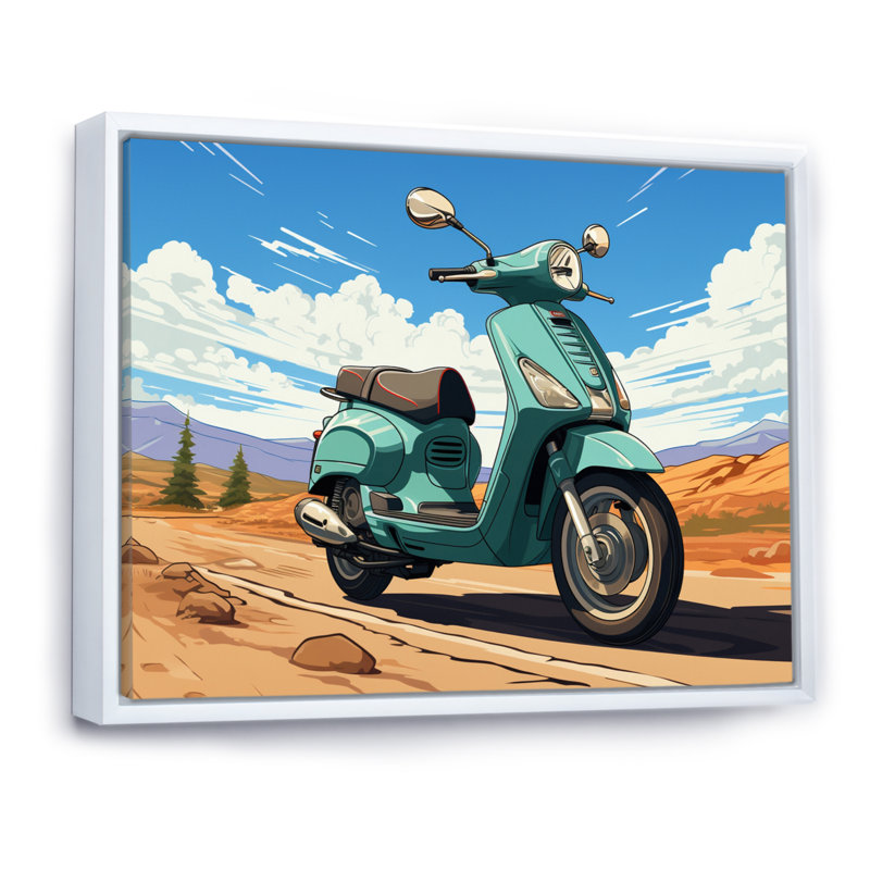 Scooter Retro In Desert Landscape, reproduction d'art sur toile, H 24 po x l 32 po, Cadre flottant blanc