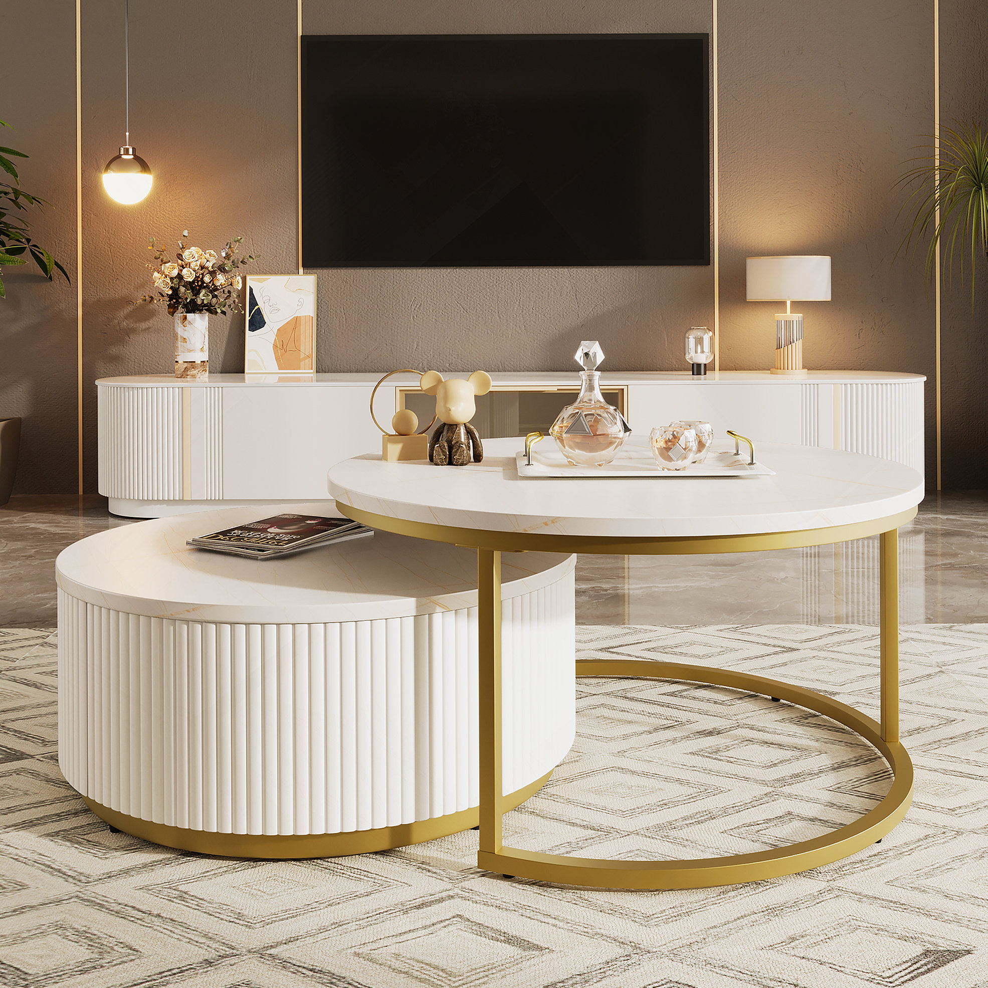 Wrought Studio Modern Round Nesting Coffee Table Fluted With Drawer In ...