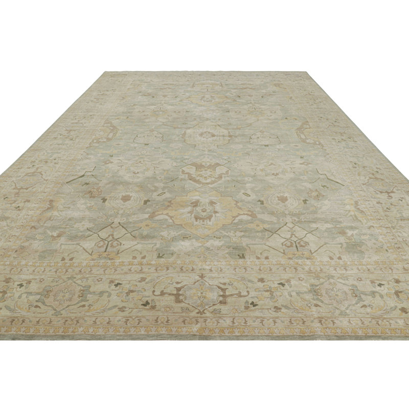 Rug & Kilim’S Oversized Shield Rug In Pale Green With Floral Medallions