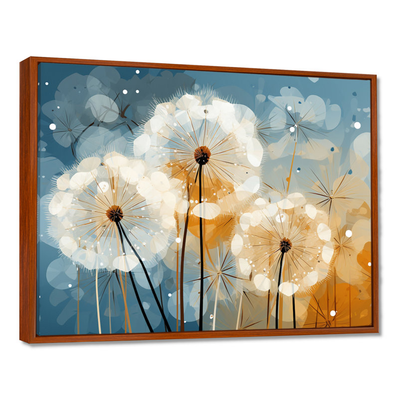 Dandelion Natures Sunbursts I - Pissenlit, art mural, 34" H x 44" W, Cadre flottant brun