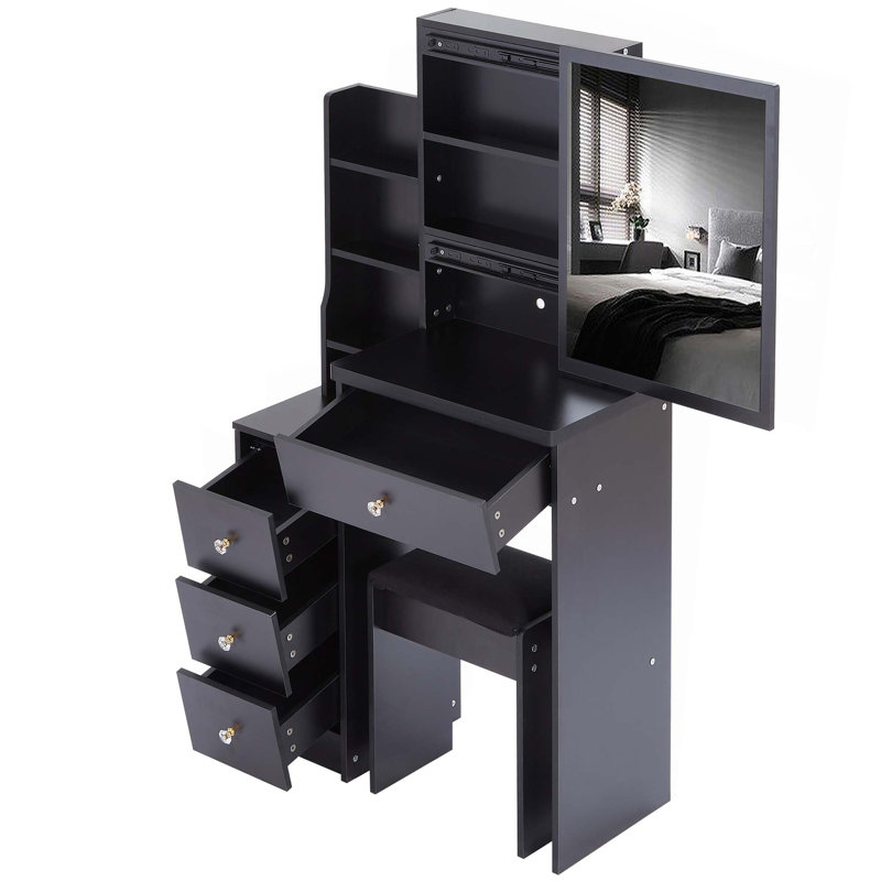 29.2" Small Space Left Bedside Cabinet Vanity Table + Cushioned Stool,Extra Large Right Sliding Mirror,Multi Layer High Capacity Storage,Practical Fashionable Dresser,Suitable For Small Space