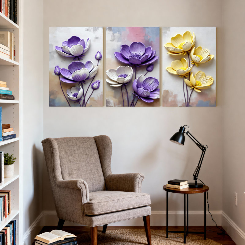 Ensemble de 3 tableaux muraux sur toile à motifs floraux violets et jaunes, H 30 po x l 60 po
