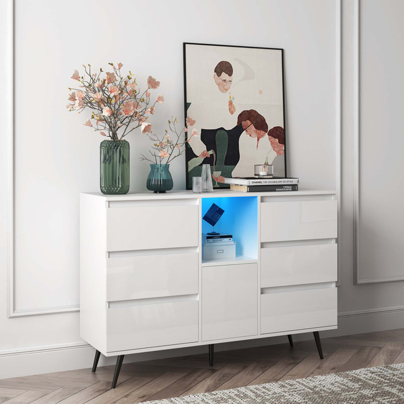 Modern White Gloss Sideboard Cabinet With Advanced Storage And LED Lights