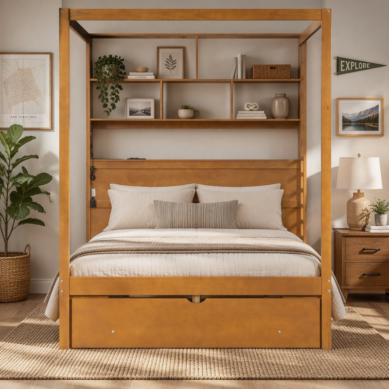 Lit à baldaquin en bois massif avec tête de lit bibliothèque, prises USB et éclairage DEL RVB intelligent, sommier avec rangement sous le lit, tiroir au pied du lit et garde-robe réversible, finition noyer