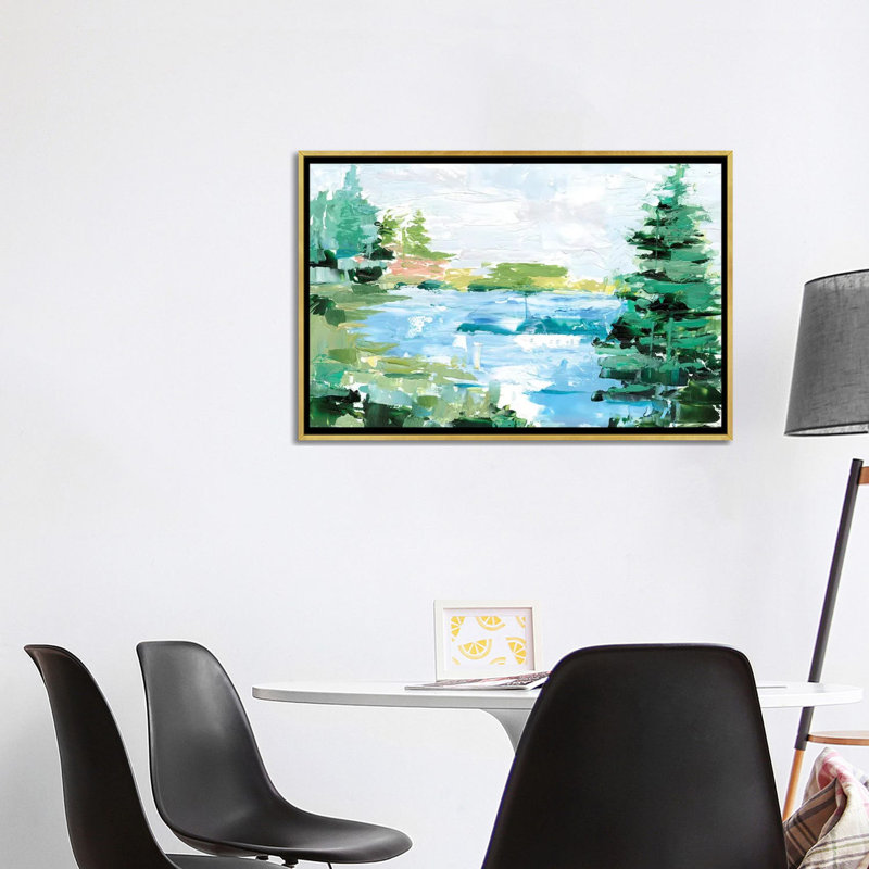«Evergreen Lake II» par Ethan Harper - reproduction d'art, H 26 po x l 40 po x 1,5 po, Toile encadrée d'or, Pas de tapis