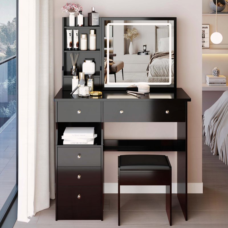 Vanity Table with Sliding LED Mirror, Power Outlet, and Stool, Black