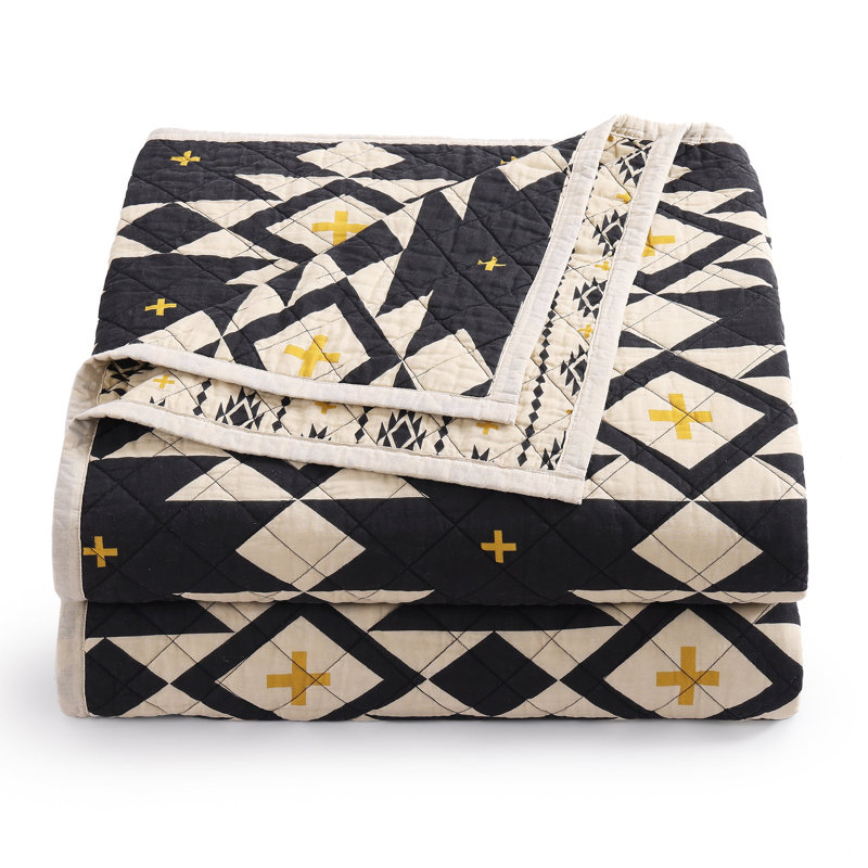 King Size Black and Beige Cotton Reversible Quilt Set