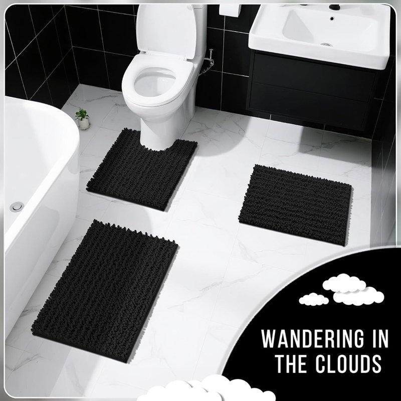 Ensemble de tapis de salle de bain 2 pièces, tapis de bain en chenille de luxe extra épais à séchage rapide, antidérapant, super absorbant, lavable à la machine, noir