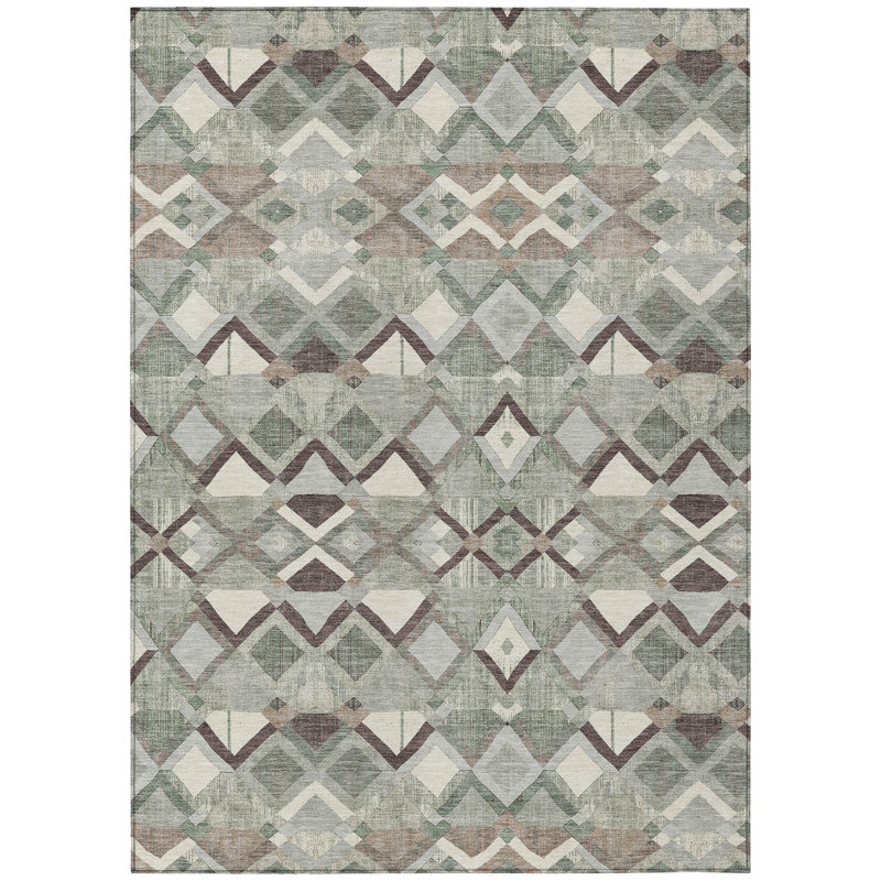 Tapis intérieur / extérieur géométrique lavable 9 pi x 12 pi sauge et blanc cassé